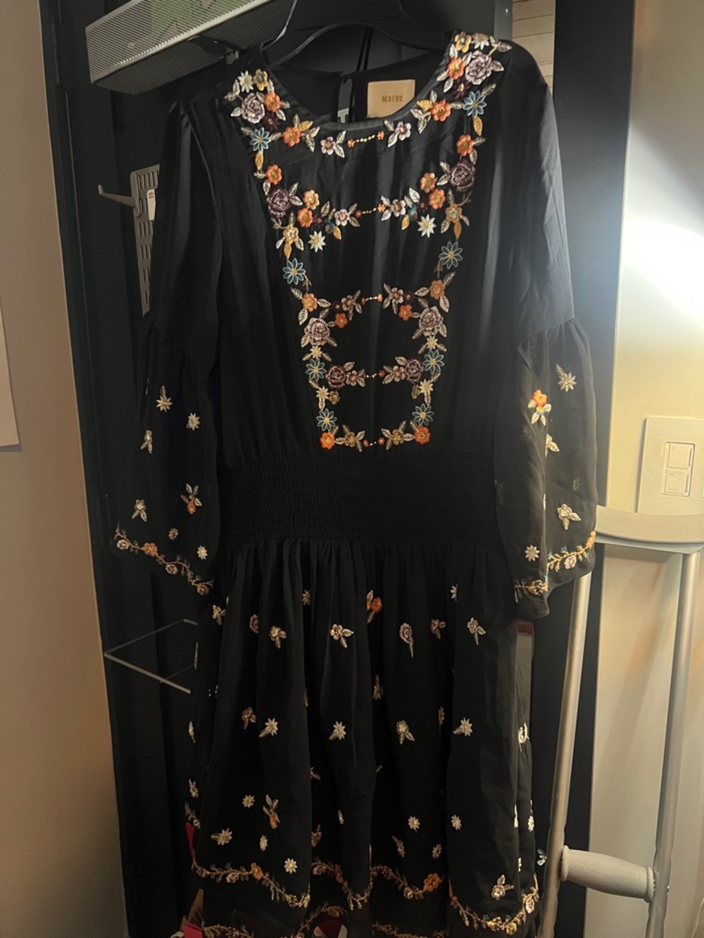 Maeve Embroidered Black Boho Midi Dress with Floral Accents